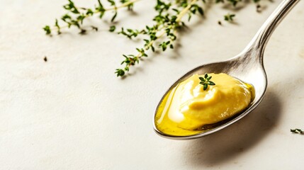 A spoonful of Dijon mustard with a drizzle of honey, isolated on a cream-colored surface with a sprig of thyme