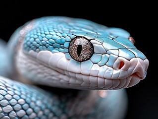 Fototapeta premium A close up of a blue snake's head with a black background
