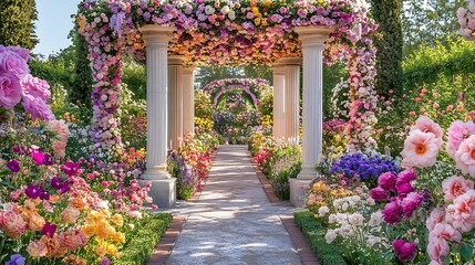 Naklejka premium A radiant garden-inspired setting with colorful flowers creating a seamless backdrop
