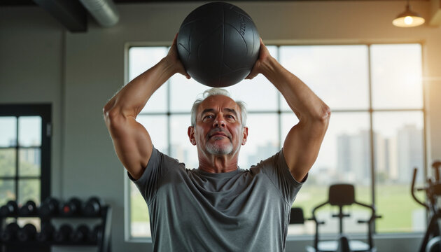 Senior man lifting medicine ball in modern gym