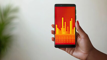 A hand holds a smartphone displaying a vibrant graph on a red background. This suggests a finance or analytics app for tracking market trends or personal finances.