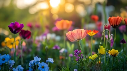 Obraz premium A stunning natural tapestry of blooming flowers in bright diverse tones spreading joyfully