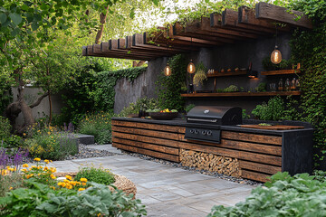 Rustic Outdoor Kitchen Design With Garden Landscaping