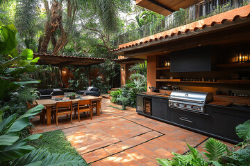 Obraz premium Luxurious Outdoor Kitchen and Dining Area in Tropical Garden