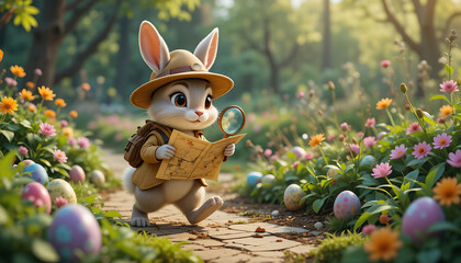 Adventurous easter bunny equipped with a magnifying glass and map, exploring a vibrant spring garden filled with colorful eggs and blooming flowers.
