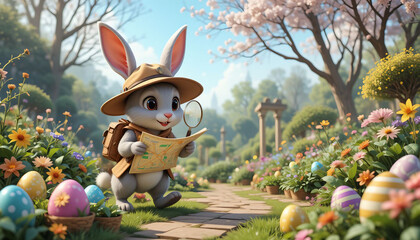 Adventurous easter bunny equipped with a magnifying glass and map, exploring a vibrant spring garden filled with colorful eggs and blooming flowers.