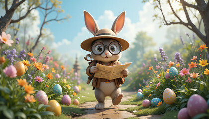 Adventurous easter bunny equipped with a magnifying glass and map, exploring a vibrant spring garden filled with colorful eggs and blooming flowers.