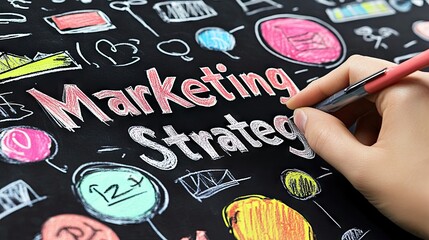 A hand writes "Marketing Strategy" on a blackboard filled with colorful doodles. Ideal for marketing blogs or educational content about strategic marketing planning.
