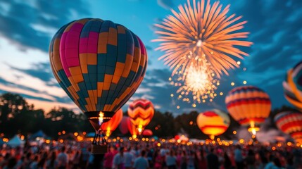 Obraz premium A lively scene featuring colorful hot air balloons illuminated by fireworks, capturing the festive spirit of an outdoor celebration filled with joy, wonder, and festivities.