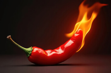 Flaming red chili pepper against dark background