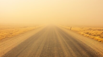 Endless road disappearing into dense fog, evoking sense of myste