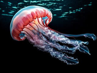 A pink jellyfish floating in the ocean on a black background