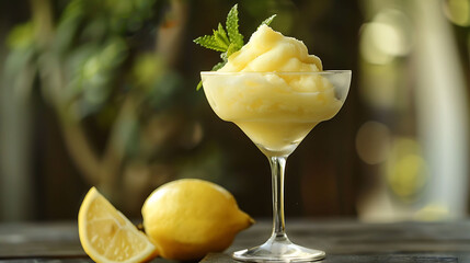 A frozen cocktail made with lemon sorbetto on a dark wooden outside table