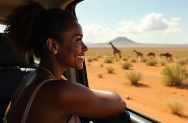Black woman on the road, enjoying window view of desert and traveling in suv on holiday road trip of South Africa. Travel adventure drive, happy summer vacation, leaning out waist-deep from car window