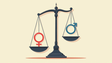 A scale balancing male and female gender symbols on a light background, symbolizing gender equality and imbalance concept
