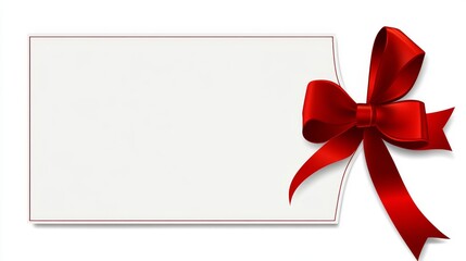 Blank Gift Certificate Decorated with a Red Satin Bow on White Background.