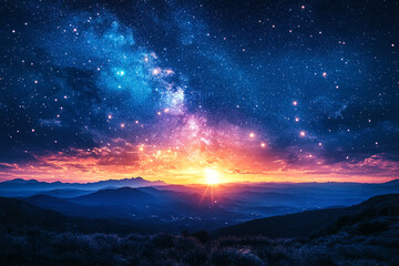 Naklejka premium Majestic Sunset Over Mountain Ranges Under Starry Sky
