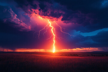 Obraz premium Dramatic Sunset Lightning Strike Over Field