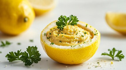 Mustard served in a hollowed-out lemon, isolated on a white surface with decorative parsley