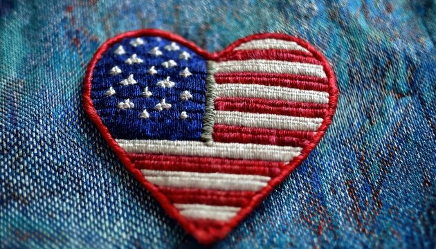 Heart Shaped American Flag Patch on Blue Denim Fabric Background Representing Patriotism, Fashion, and Creative DIY Craft Ideas