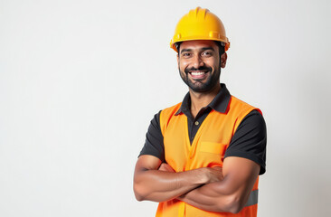 Smiling young asian male construction worker in orange vest and yellow hard hat