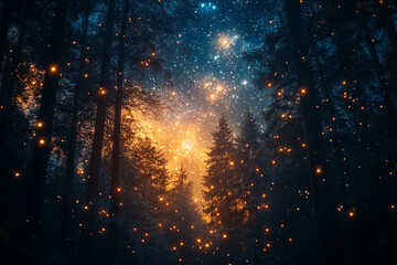 Naklejka premium Enchanting Firefly Forest Night Sky Illumination