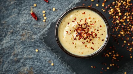 Spicy mustard in a modern ceramic bowl, isolated on a slate surface with a sprinkle of red chili flakes