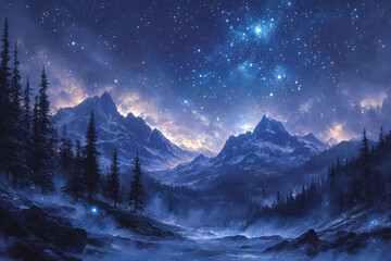 Majestic Mountains Under a Starry Night Sky