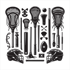 Lacrosse equipment set silhouette. Silhouette set of lacrosse elements vector set on a white background