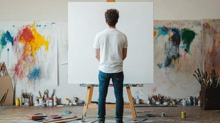 Artist facing blank canvas in messy studio.