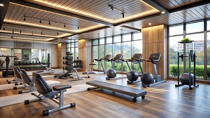A modern interior fitness center or gym offers a sleek and warm environment for physical activities and exercise