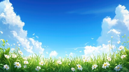 Fototapeta premium A vibrant blue sky with fluffy clouds above a field of green grass dotted with cheerful white flowers.