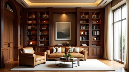 A library-style living room with bookshelves and a leather armchair
