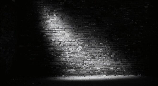 Fototapeta Dramatic Spotlight on Dark Brick Wall Grunge Urban Texture Background Monochrome Photography