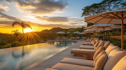 Fototapeta premium Stunning Luxury Hotel Resort with Inviting Swimming Pool Surrounded by Scenic Landscape and Breathtaking Sunset View, Perfect for Relaxation and Escape