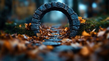 A captivating image of a mysterious stone archway enveloped in fog with autumn leaves scattered along a tranquil pathway, evoking feelings of intrigue and serenity, perfect for nature lovers.