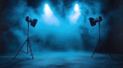 Illuminated Black Studio Background with Soft Lighting, Featuring Two Spotlight Fixtures Creating a Moody Atmosphere and Depth in Photography