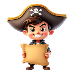 Naklejka premium Adventurous boy in a pirate hat holding a treasure map.