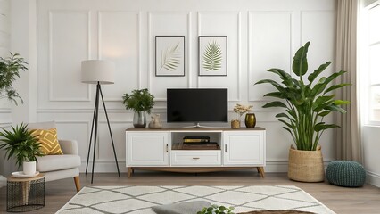 Fototapeta premium A modern living room with a TV cabinet, plants, and furniture against a white wall background