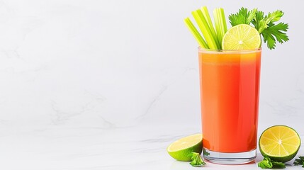Fresh Vegetable Juice in Tall Glass with Celery, Lime, and Cilantro