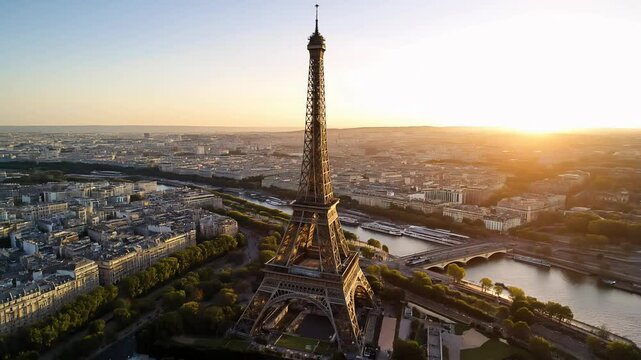 Flying around the Eiffel Tower in Paris during early day hours