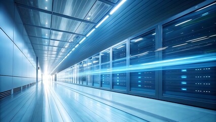 A long modern tunnel with bright blue lighting and a blurred motion effect, suggesting a high speed transportation environment