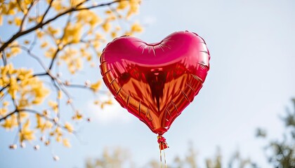 Red heart balloon aloft, sunny day, yellow flowers