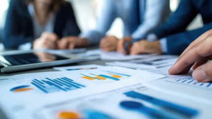 Businesspeople reviewing financial data during a meeting.