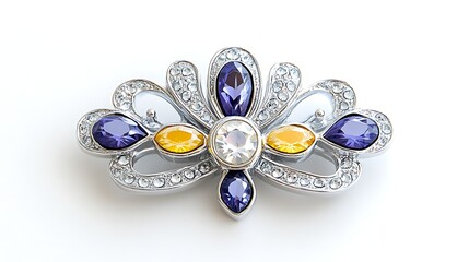 Elegant Silver Brooch with Purple and Yellow Gemstones
