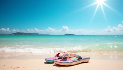 Pair of colorful Aussie thongs on sandy beach with gentle waves and vibrant blue sky, relaxed tropical vibe with copy space  