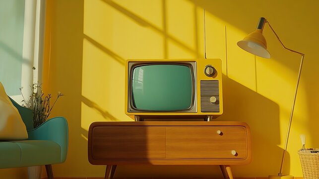 A 1950s television set on a yellow background featuring rabbit ear antennas and knobs