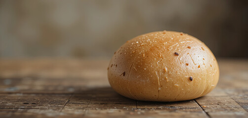 A golden brown bread roll rests on a weathered wooden table, showcasing its soft texture and flecks of seasoning, perfect for a warm meal or snack