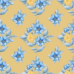 Seamless pattern with watercolor slices of lemon, blue flowers and grey-blue leaves on a yellow background. Perfect for textile, fabric, wrapping, home decorating, packaging of food or beauty products
