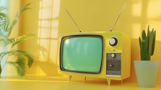 A 1950s television set on a yellow background featuring rabbit ear antennas and knobs